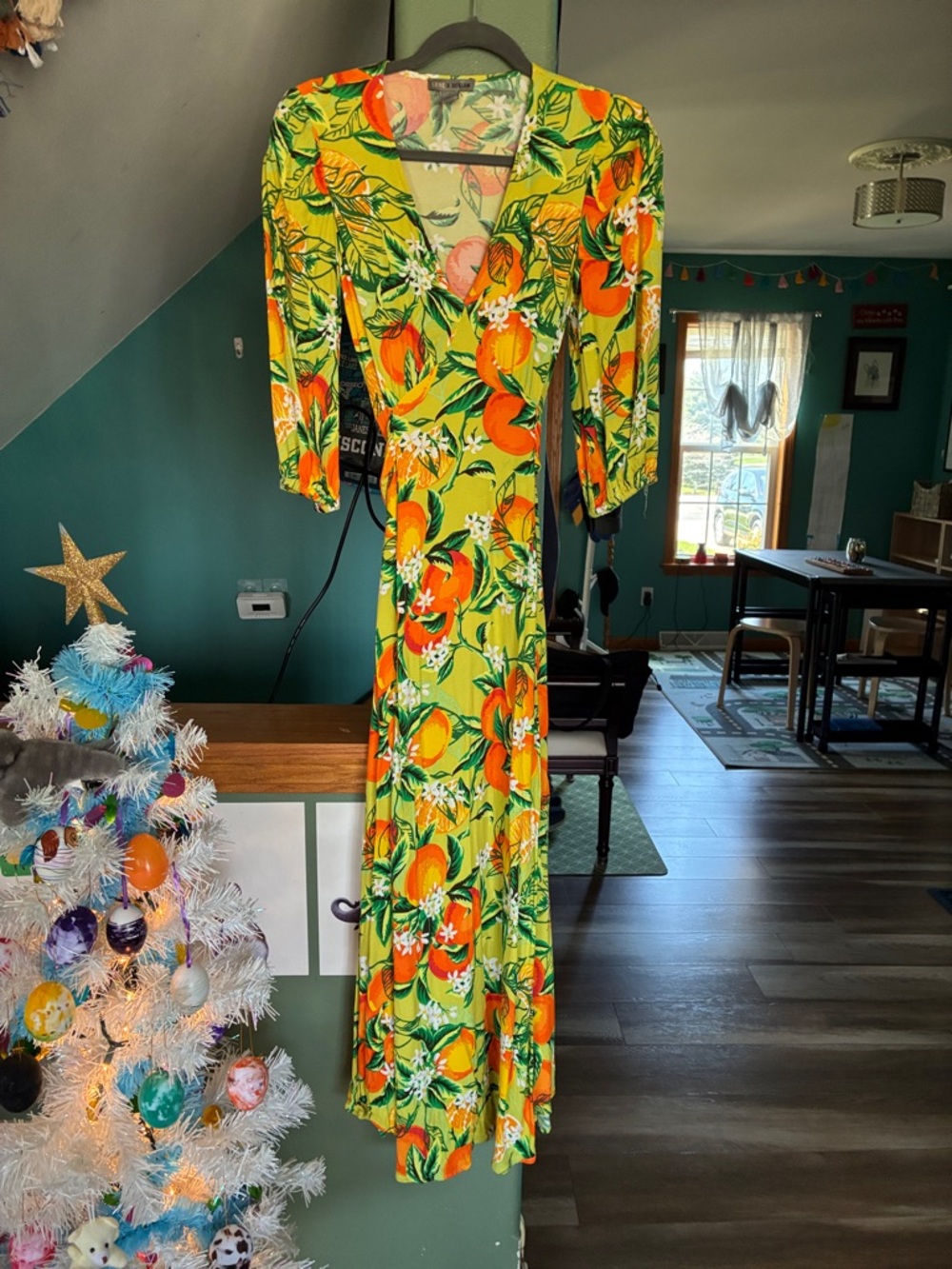Floral Citrus V-Neck Maxi Dress - Green & Orange